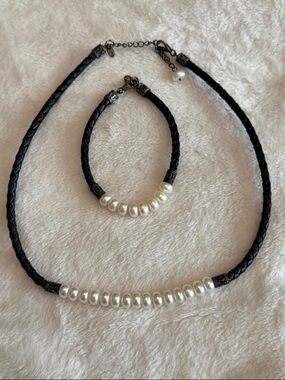 Genuine Pearls Necklace & Bracelet Set on Braided Leather